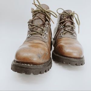 VINTAGE Boots Iron Age Lace Up Leather Brown Safety Toe Ankle High Top Vibram